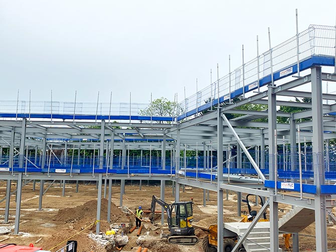 Temporary edge protection on steel beams at construction site