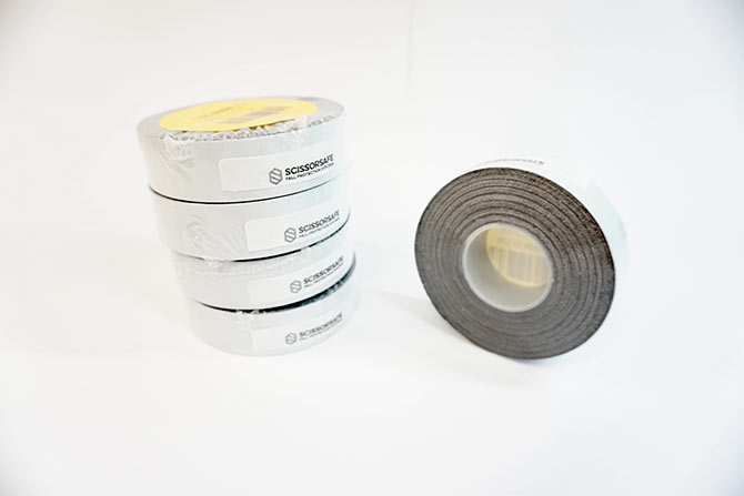 Tool tethering tape consists of a roll of non-adhesive, polyisobutylene based self-amalgamating tape